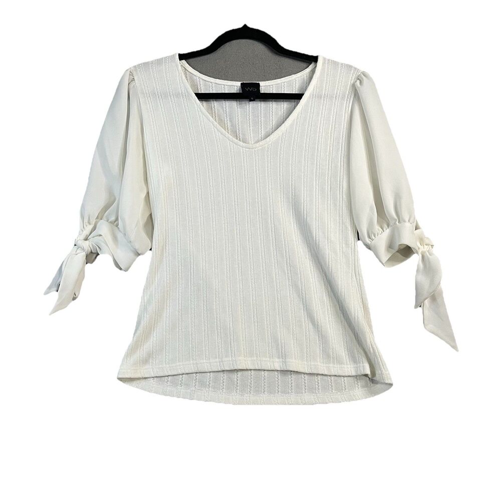 W5 White Eyelet Sheer Tie 3/4 Sleeves Boho Western Cottage Womens Size S
